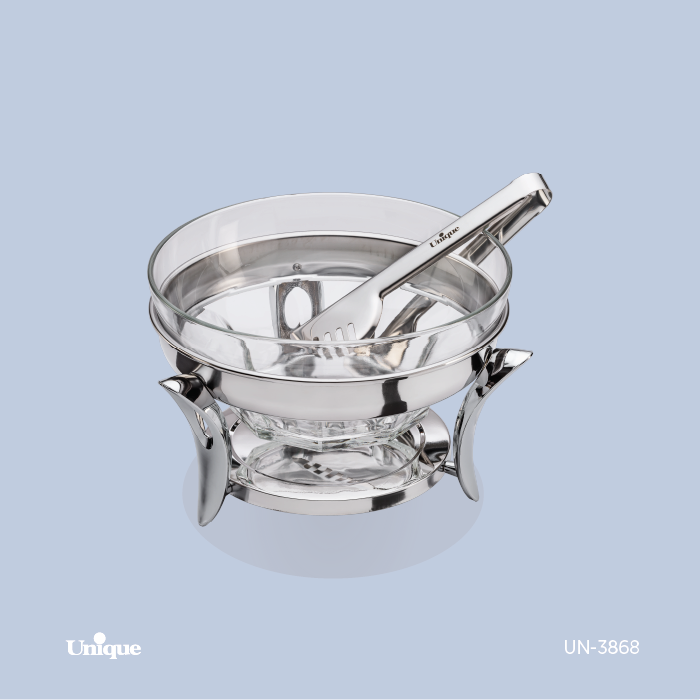 سوفله سالاد خوری برند یونیک Unique کد UN-3868 مدل قایقی نقره ای با انبر