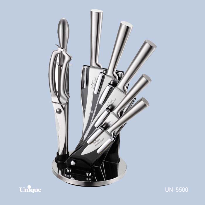 سرویس کارد و ساطور 8 پارچه برند یونیک Unique کد UN-5500 مدل پروانه پایه ثابت
