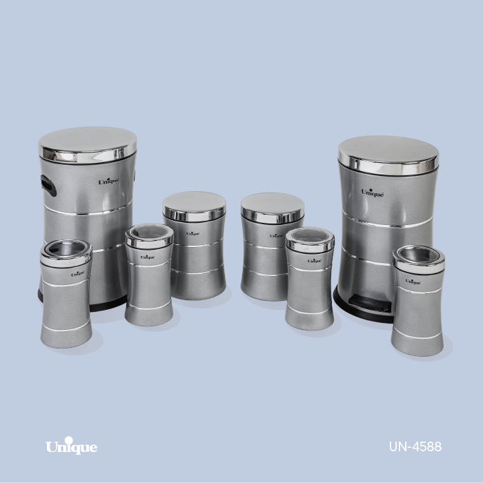 سرویس جهیزیه 8 پارچه استیل برند یونیک Unique کد UN-4588 مدل خطی کمر باریک رنگ نقره ای