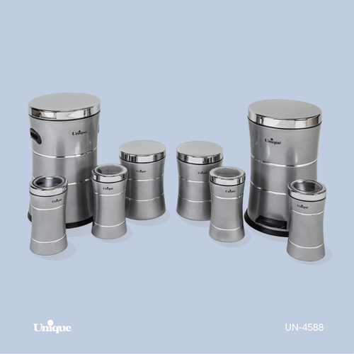 سرویس جهیزیه 8 پارچه استیل برند یونیک Unique کد UN-4588 مدل خطی کمر باریک رنگ نقره ای