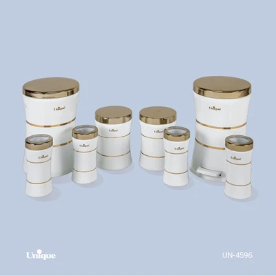 سرویس جهیزیه 8 پارچه استیل برند یونیک Unique کد UN-4596 مدل خطی کمر باریک رنگ سفید درب طلایی