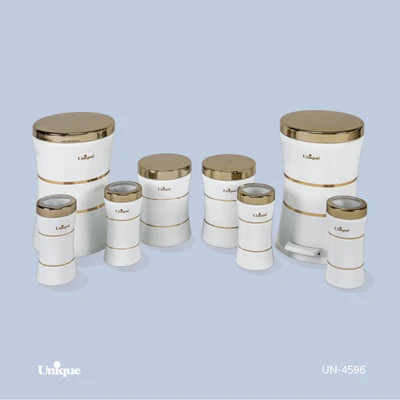 سرویس جهیزیه 8 پارچه استیل برند یونیک Unique کد UN-4596 مدل خطی کمر باریک رنگ سفید درب طلایی
