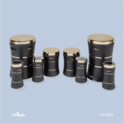 سرویس جهیزیه 8 پارچه استیل برند یونیک Unique کد UN-4594 مدل خطی کمر باریک رنگ مشکی درب طلایی