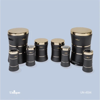 سرویس جهیزیه 8 پارچه استیل برند یونیک Unique کد UN-4594 مدل خطی کمر باریک رنگ مشکی درب طلایی