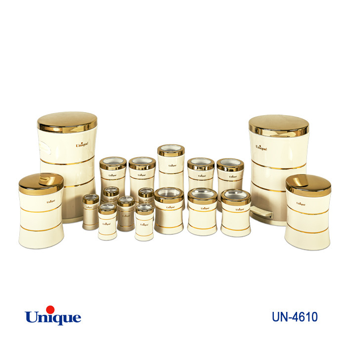 سرویس جهیزیه 18 پارچه استیل برند یونیک Unique کد UN-4610 مدل خطی کمر باریک رنگ سنباده ای نباتی درب طلایی