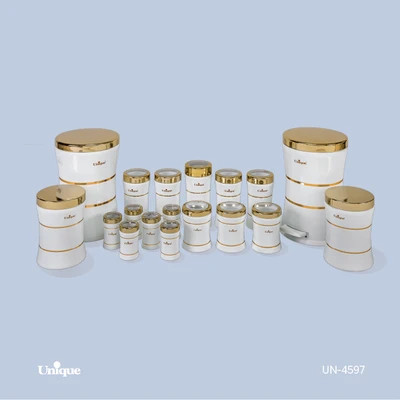 سرویس جهیزیه 18 پارچه استیل برند یونیک Unique کد UN-4597 مدل خطی کمر باریک رنگ سفید درب طلایی