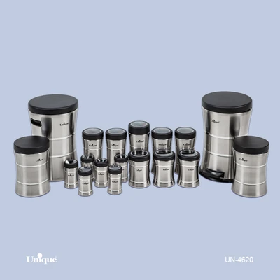 سرویس جهیزیه 18 پارچه استیل برند یونیک Unique کد UN-4620 مدل خطی کمر باریک رنگ کروم درب مشکی