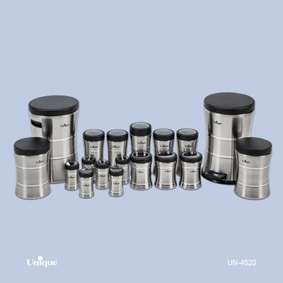 سرویس جهیزیه 18 پارچه استیل برند یونیک Unique کد UN-4620 مدل خطی کمر باریک رنگ کروم درب مشکی