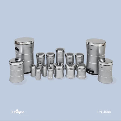 سرویس جهیزیه 18 پارچه استیل برند یونیک Unique کد UN-4688 مدل خطی کمر باریک رنگ نقره ای