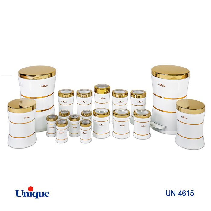 سرویس جهیزیه 18 پارچه استیل برند یونیک Unique کد UN-4615 مدل خطی کمر باریک رنگ سنباده ای سفید درب طلایی