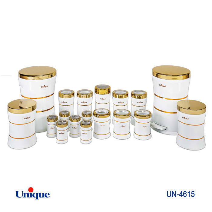 سرویس جهیزیه 18 پارچه استیل برند یونیک Unique کد UN-4615 مدل خطی کمر باریک رنگ سنباده ای سفید درب طلایی