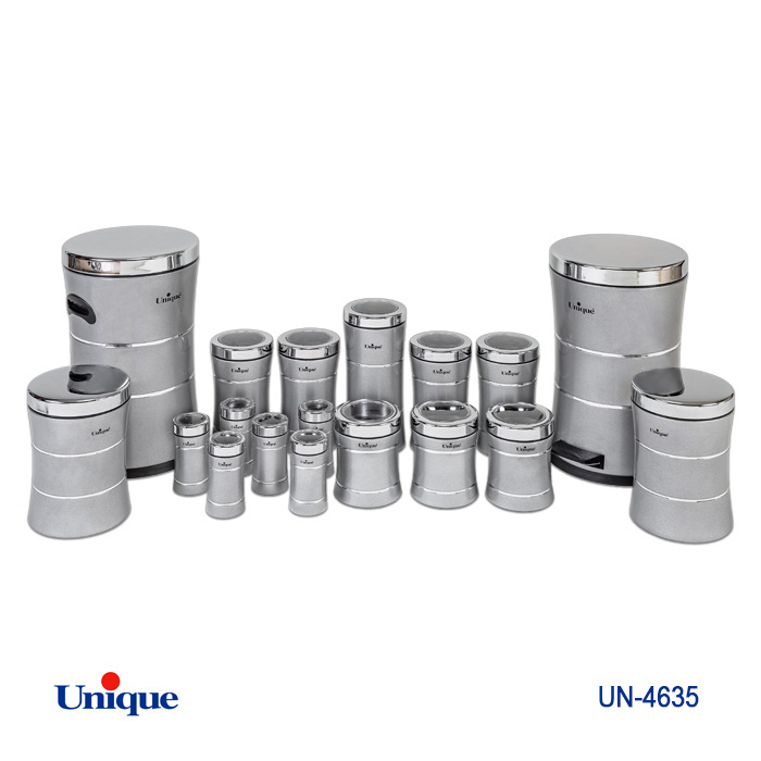 سرویس جهیزیه 18 پارچه استیل برند یونیک Unique کد UN-4635 مدل خطی کمر باریک رنگ سنباده ای طوسی درب استیل