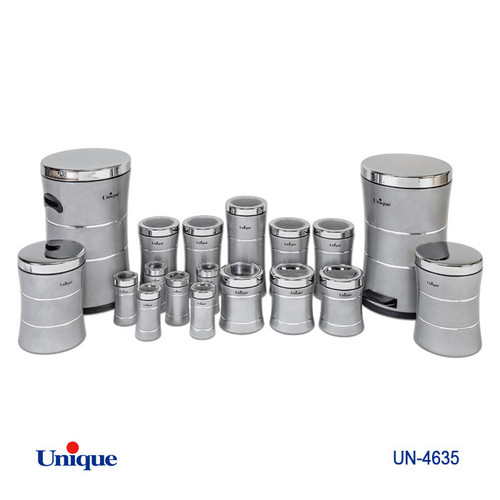 سرویس جهیزیه 18 پارچه استیل برند یونیک Unique کد UN-4635 مدل خطی کمر باریک رنگ سنباده ای طوسی درب استیل