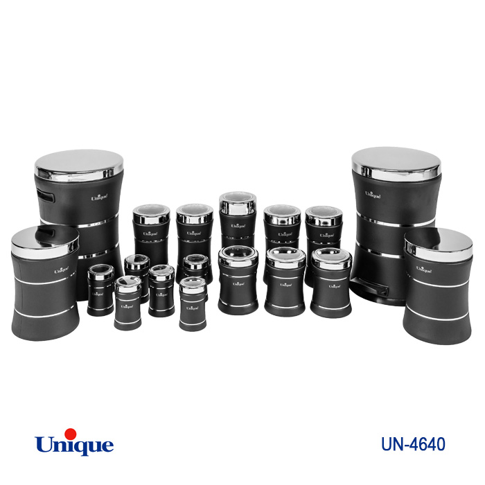 سرویس جهیزیه 18 پارچه استیل برند یونیک Unique کد UN-4640 مدل خطی کمر باریک رنگ مشکی درب استیل