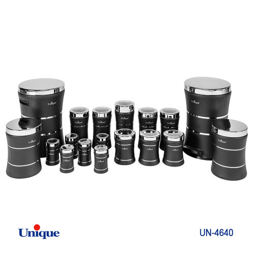 سرویس جهیزیه 18 پارچه استیل برند یونیک Unique کد UN-4640 مدل خطی کمر باریک رنگ مشکی درب استیل