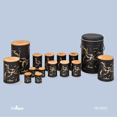 سرویس جهیزیه 15 پارچه ماربل برند یونیک Unique کد UN-8024 مدل استوانه رنگ مشکی درب بامبو