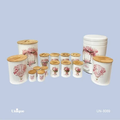 سرویس جهیزیه 15 پارچه فانتزی برند یونیک Unique کد UN-8069 مدل استوانه بالن رنگ سفیدصورتی درب بامبو