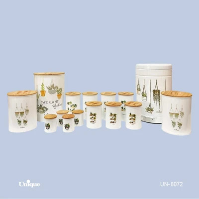 سرویس جهیزیه 15 پارچه فانتزی برند یونیک Unique کد UN-8072 مدل استوانه کاکتوس آویز رنگ سفید درب بامبو