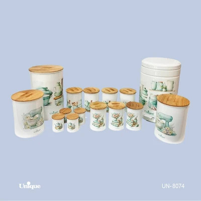 سرویس جهیزیه 15 پارچه فانتزی برند یونیک Unique کد UN-8074 مدل استوانه تیفانی رنگ سفید درب بامبو