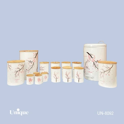 سرویس جهیزیه 15 پارچه فانتزی برند یونیک Unique کد UN-8092 مدل استوانه شکوفه صورتی رنگ سفید درب بامبو