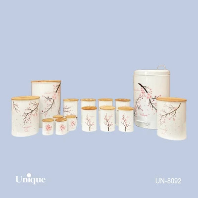 سرویس جهیزیه 15 پارچه فانتزی برند یونیک Unique کد UN-8092 مدل استوانه شکوفه صورتی رنگ سفید درب بامبو