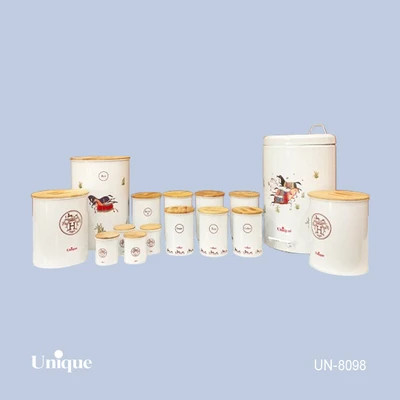 سرویس جهیزیه 15 پارچه فانتزی برند یونیک Unique کد UN-8098 مدل استوانه هرمس رنگ سفید درب بامبو