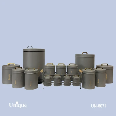 سرویس جهیزیه 16 پارچه فانتزی برند یونیک Unique کد UN-8071 مدل استوانه رنگ فیلی (طوسی) درب فلزی