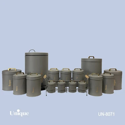 سرویس جهیزیه 16 پارچه فانتزی برند یونیک Unique کد UN-8071 مدل استوانه رنگ فیلی (طوسی) درب فلزی
