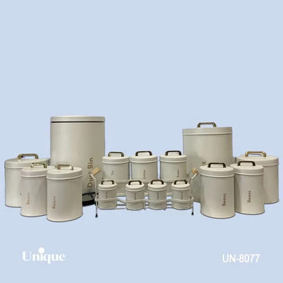سرویس جهیزیه 16 پارچه فانتزی برند یونیک Unique کد UN-8077 مدل استوانه رنگ نباتی (کرم) درب فلزی