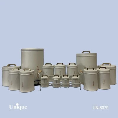 سرویس جهیزیه 16 پارچه فانتزی برند یونیک Unique کد UN-8079 مدل استوانه رنگ طوسی روشن درب فلزی