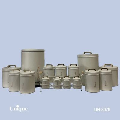 سرویس جهیزیه 16 پارچه فانتزی برند یونیک Unique کد UN-8079 مدل استوانه رنگ طوسی روشن درب فلزی