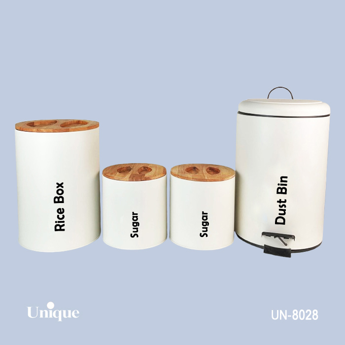 سرویس 4 پارچه جهیزیه آشپزخانه برند یونیک Unique کد UN-8028 مدل استوانه گرد رنگ سفید درب بامبو