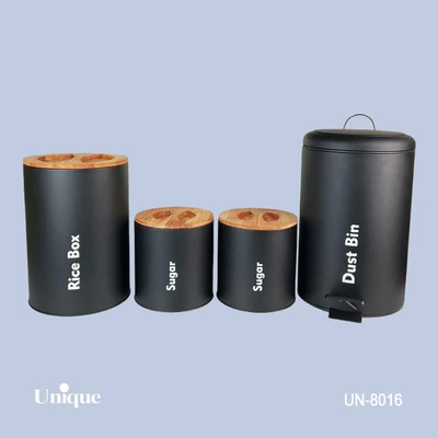 سرویس 4 پارچه سطل و قوطی برند یونیک Unique کد UN-8016 مدل استوانه گرد رنگ مشکی مات درب بامبو