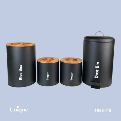 سرویس 4 پارچه سطل و قوطی برند یونیک Unique کد UN-8016 مدل استوانه گرد رنگ مشکی مات درب بامبو