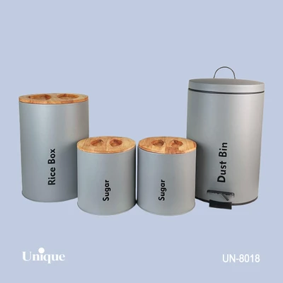 سرویس 4 پارچه سطل و قوطی برند یونیک Unique کد UN-8018 مدل استوانه گرد رنگ فیلی(طوسی) درب بامبو