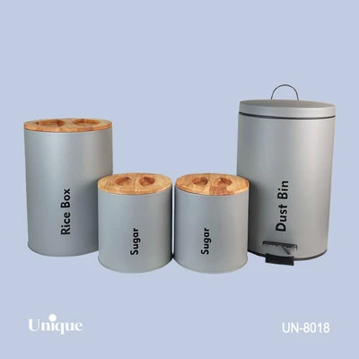 سرویس 4 پارچه سطل و قوطی برند یونیک Unique کد UN-8018 مدل استوانه گرد رنگ فیلی(طوسی) درب بامبو
