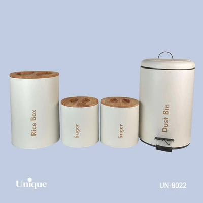 سرویس 4 پارچه سطل و قوطی برند یونیک Unique کد UN-8022 مدل استوانه گرد رنگ نباتی (کرم) درب بامبو