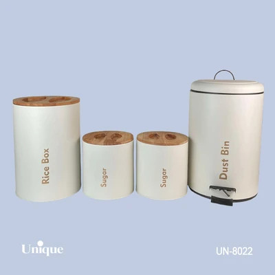 سرویس 4 پارچه سطل و قوطی برند یونیک Unique کد UN-8022 مدل استوانه گرد رنگ نباتی (کرم) درب بامبو