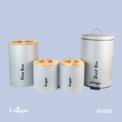 سرویس 4 پارچه سطل و قوطی برند یونیک Unique کد UN-8026 مدل استوانه گرد رنگ طوسی روشن درب بامبو