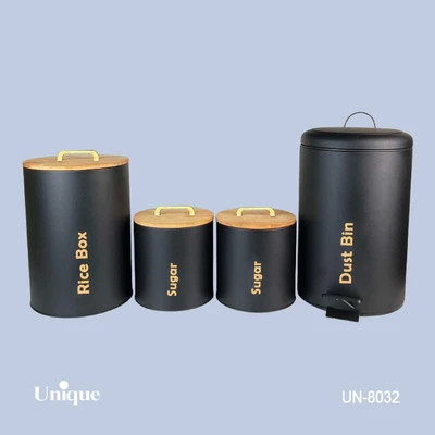 سرویس 4 پارچه سطل و قوطی برند یونیک Unique کد UN-8032 مدل استوانه گرد رنگ مشکی مات درب بامبو