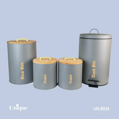 سرویس 4 پارچه سطل و قوطی برند یونیک Unique کد UN-8034 مدل استوانه گرد رنگ فیلی (طوسی) درب بامبو