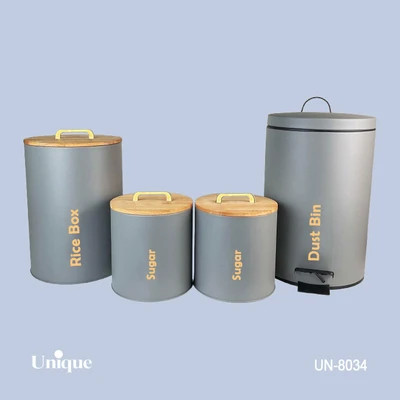 سرویس 4 پارچه سطل و قوطی برند یونیک Unique کد UN-8034 مدل استوانه گرد رنگ فیلی (طوسی) درب بامبو