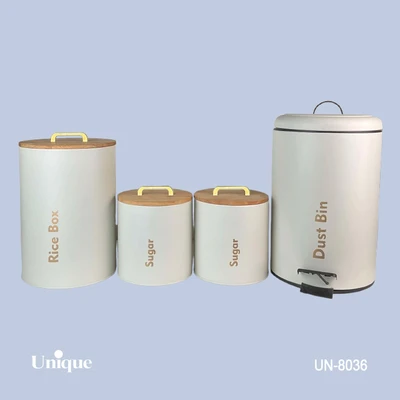 سرویس 4 پارچه سطل و قوطی برند یونیک Unique کد UN-8036 مدل استوانه گرد رنگ نباتی(کرم) درب بامبو