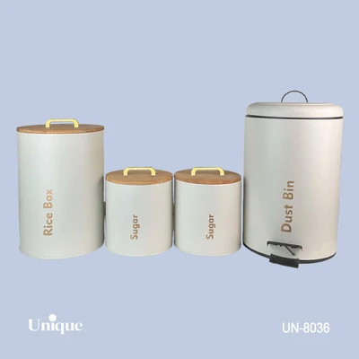 سرویس 4 پارچه سطل و قوطی برند یونیک Unique کد UN-8036 مدل استوانه گرد رنگ نباتی(کرم) درب بامبو