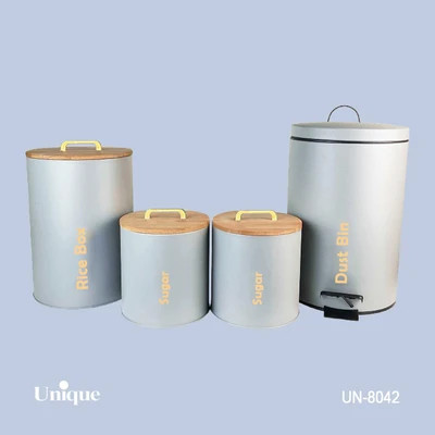 سرویس 4 پارچه سطل و قوطی برند یونیک Unique کد UN-8042 مدل استوانه گرد رنگ طوسی روشن درب بامبو