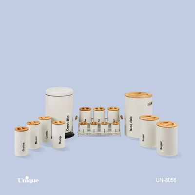 سرویس آشپزخانه 16 پارچه برند یونیک Unique کد UN-8056 مدل استوانه گرد رنگ نباتی (کرم) درب بامبو