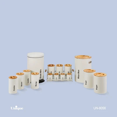 سرویس آشپزخانه 16 پارچه برند یونیک Unique کد UN-8056 مدل استوانه گرد رنگ نباتی (کرم) درب بامبو