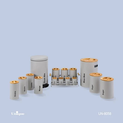 سرویس آشپزخانه 16 پارچه برند یونیک Unique کد UN-8058 مدل استوانه گرد رنگ طوسی روشن درب بامبو