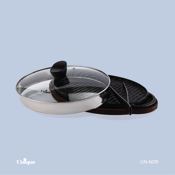 تابه گریل شکل بیضی برند یونیک Unique کد UN-6019 جنس چدنی گرانیتی با چوب و انبر