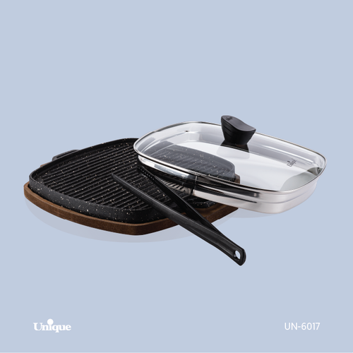 تابه گریل شکل مربع بزرگ برند یونیک Unique کد UN-6017 جنس چدنی گرانیتی با چوب و انبر